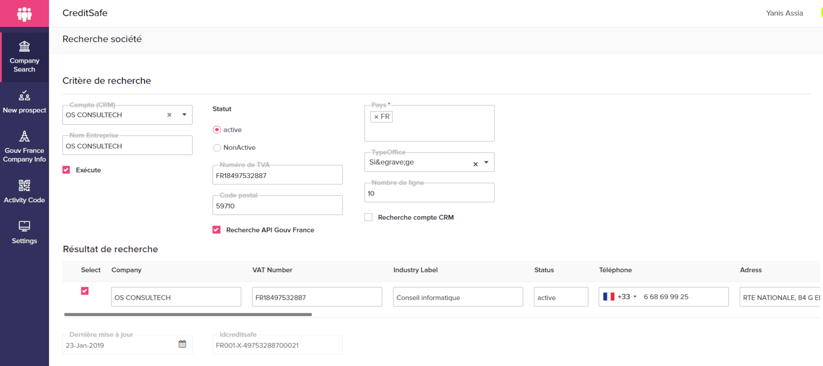 Recherche société dans OS for Creditsafe